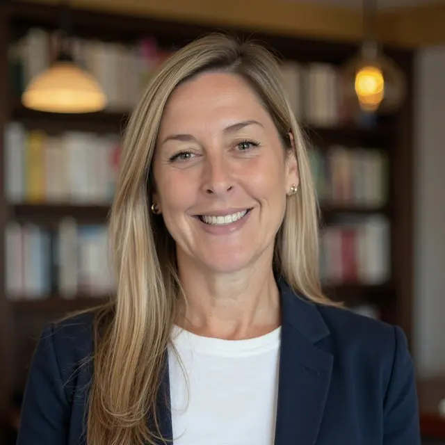 A professional headshot of a woman with long, blonde hair in front of bookshelves, wearing a navy blue blazer.