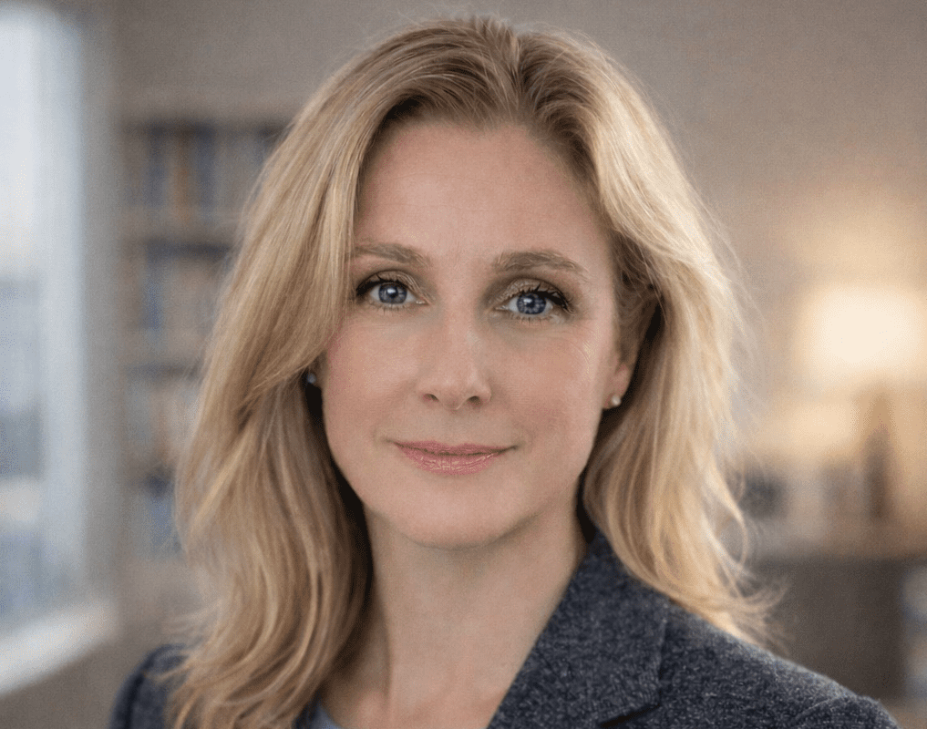 A professional headshot of a woman with long, wavy blonde hair and blue eyes, wearing a gray blazer.